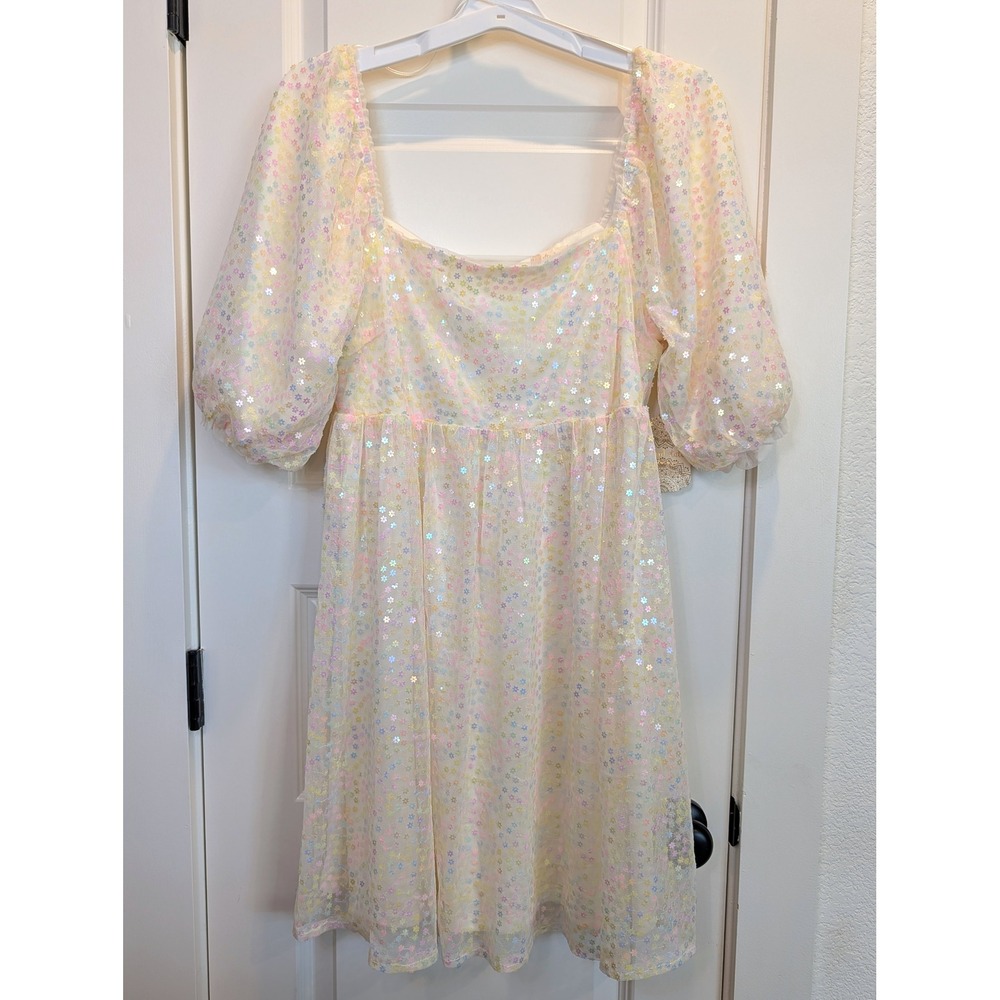 Altar'd State Floral Sequin Cream Mini Dress